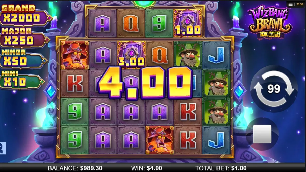 Tampilan visual slot Wizbang Brawl 10K Ways dengan tema penyihir dan elemen fantasi.